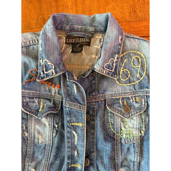 Vintage Lucky Legends Denim Jacket Embroidered Hippie Boho Distressed Patch - Picture 3 of 6